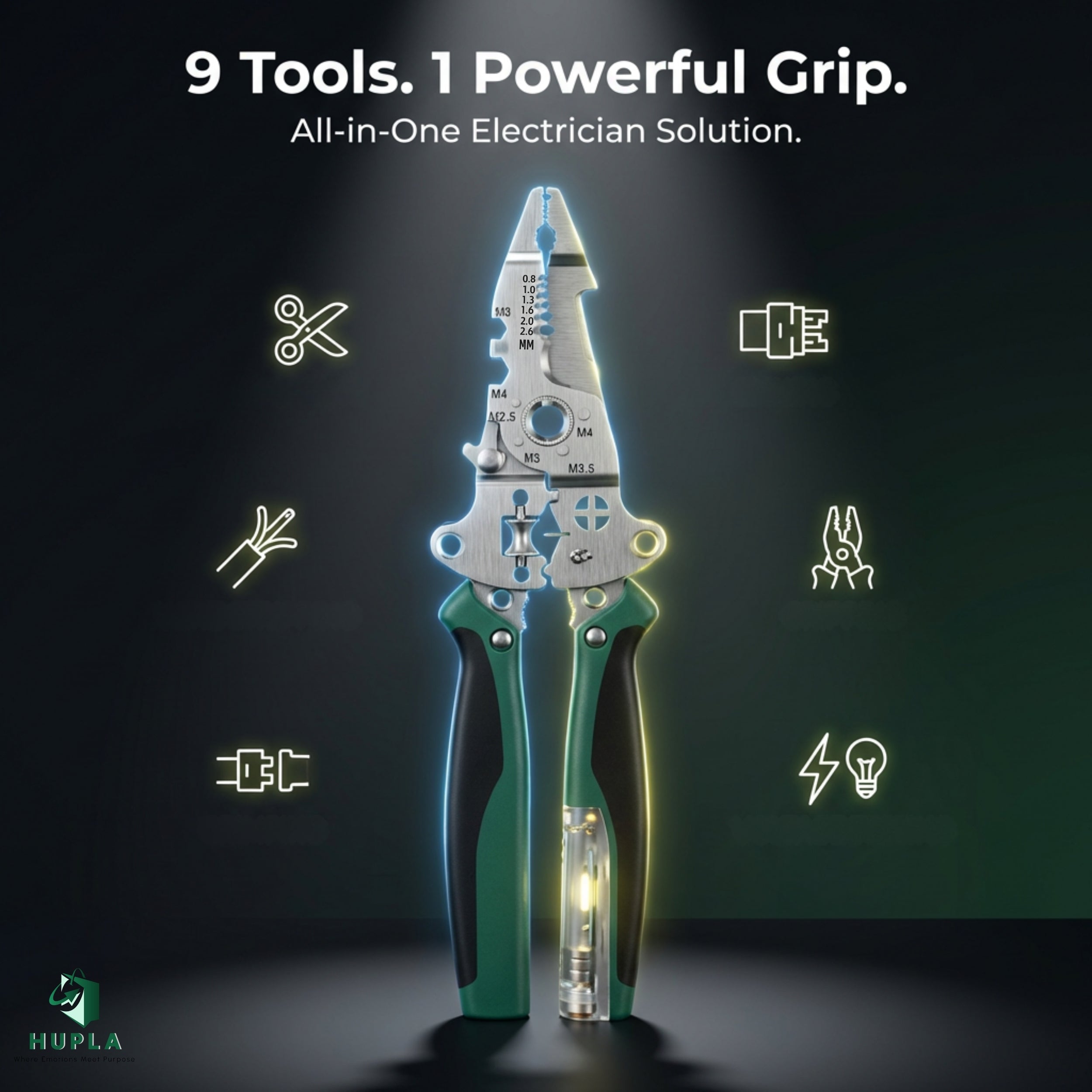 9 in 1 Multifunction Wire Stripper Plier with Electric Test Pen | Foldable Combination Tool for Electricians