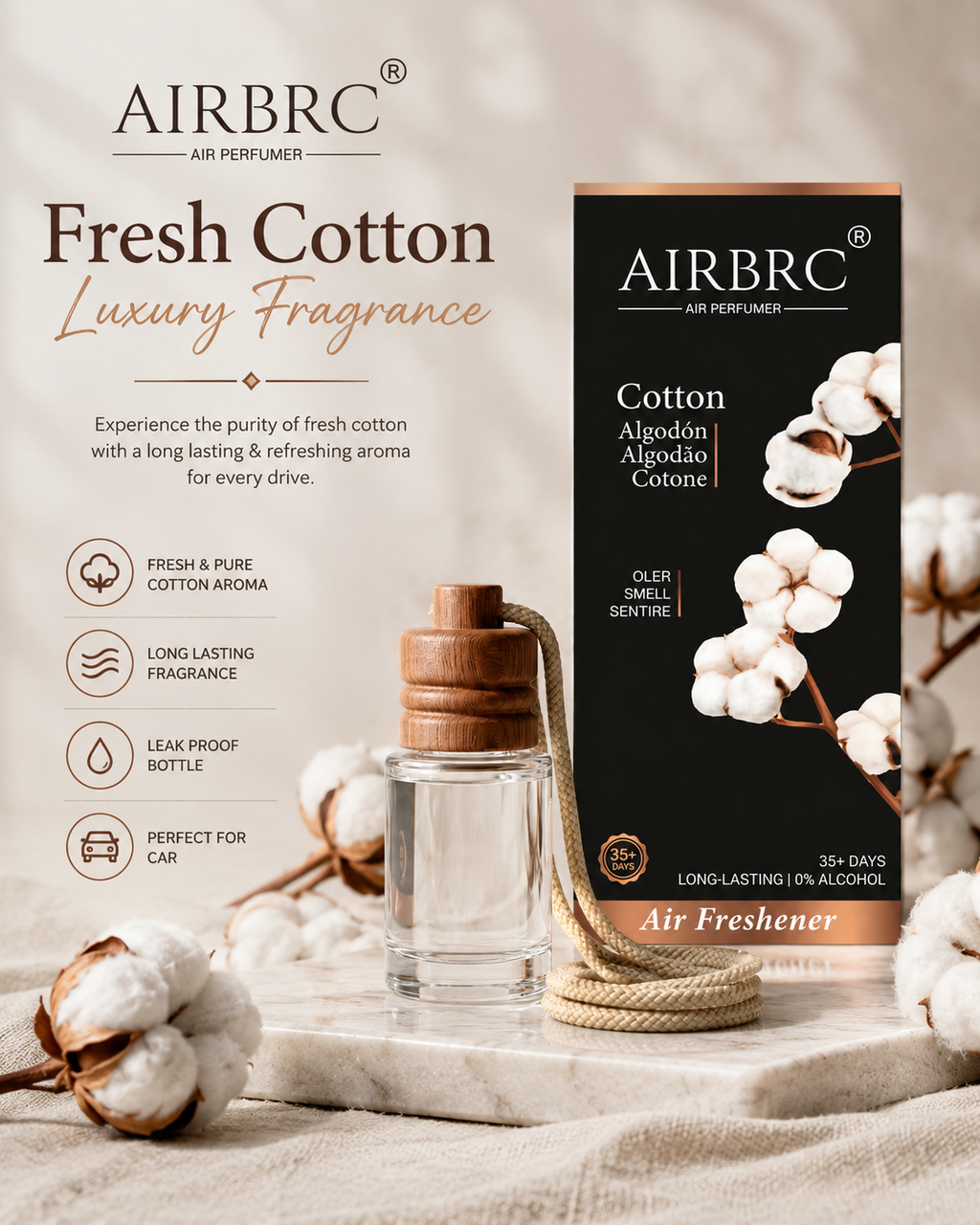 HUPLA Cotton Hanging Car Air Freshener | Premium Long Lasting Car Perfume Bottle | Luxury Cotton Fragrance Diffuser for Car Interior (8ml)
