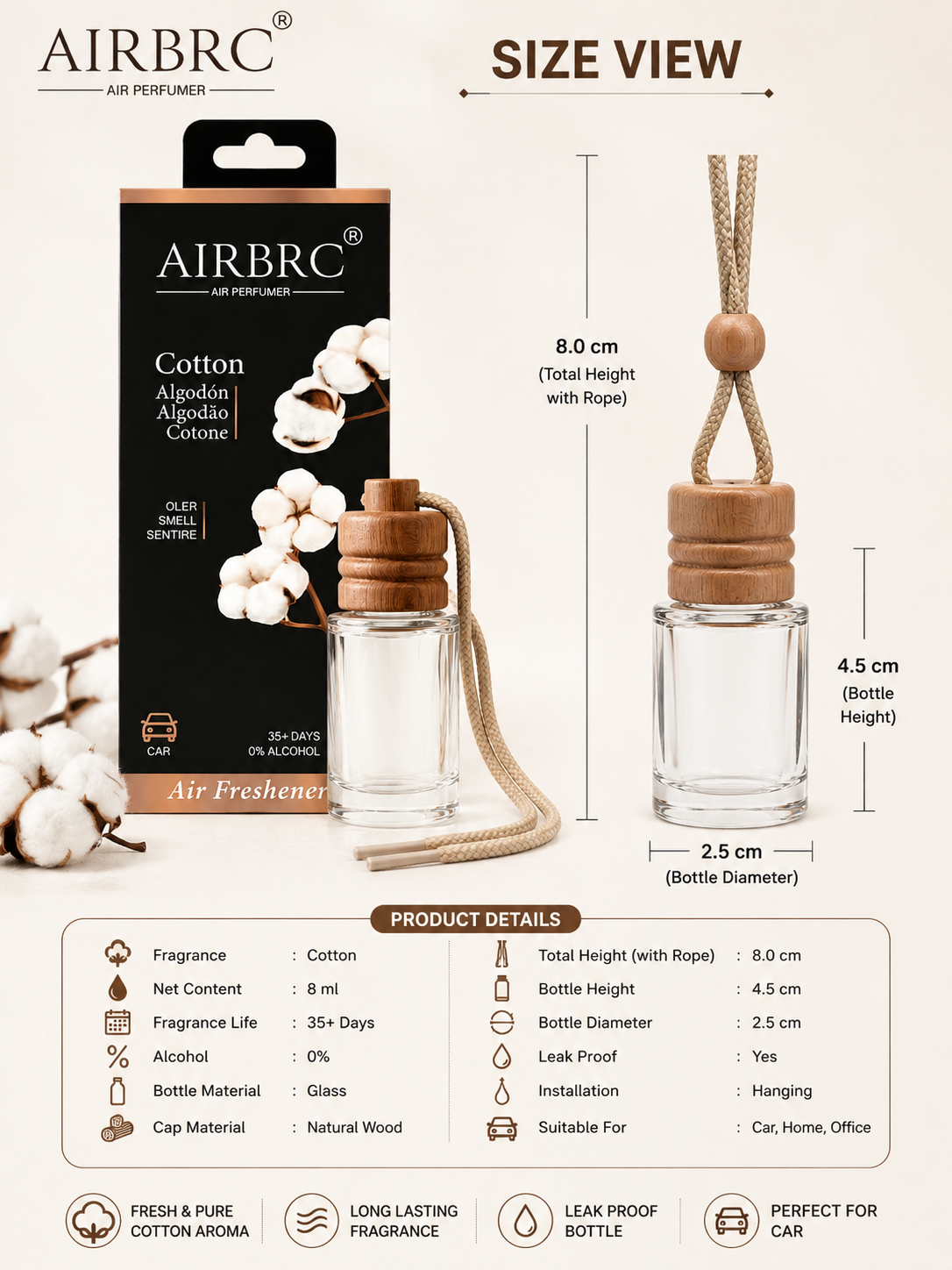 HUPLA Cotton Hanging Car Air Freshener | Premium Long Lasting Car Perfume Bottle | Luxury Cotton Fragrance Diffuser for Car Interior (8ml)