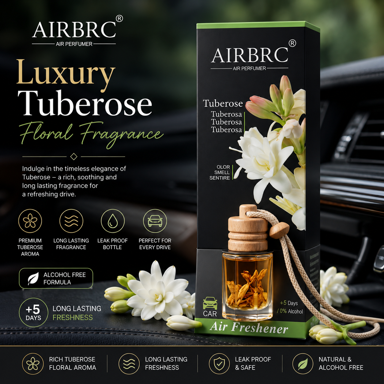 HUPLA Tuberose Hanging Car Air Freshener | Premium Long Lasting Car Perfume Bottle | Natural Rajnigandha Floral Aroma Diffuser for Car Interior (8ml)