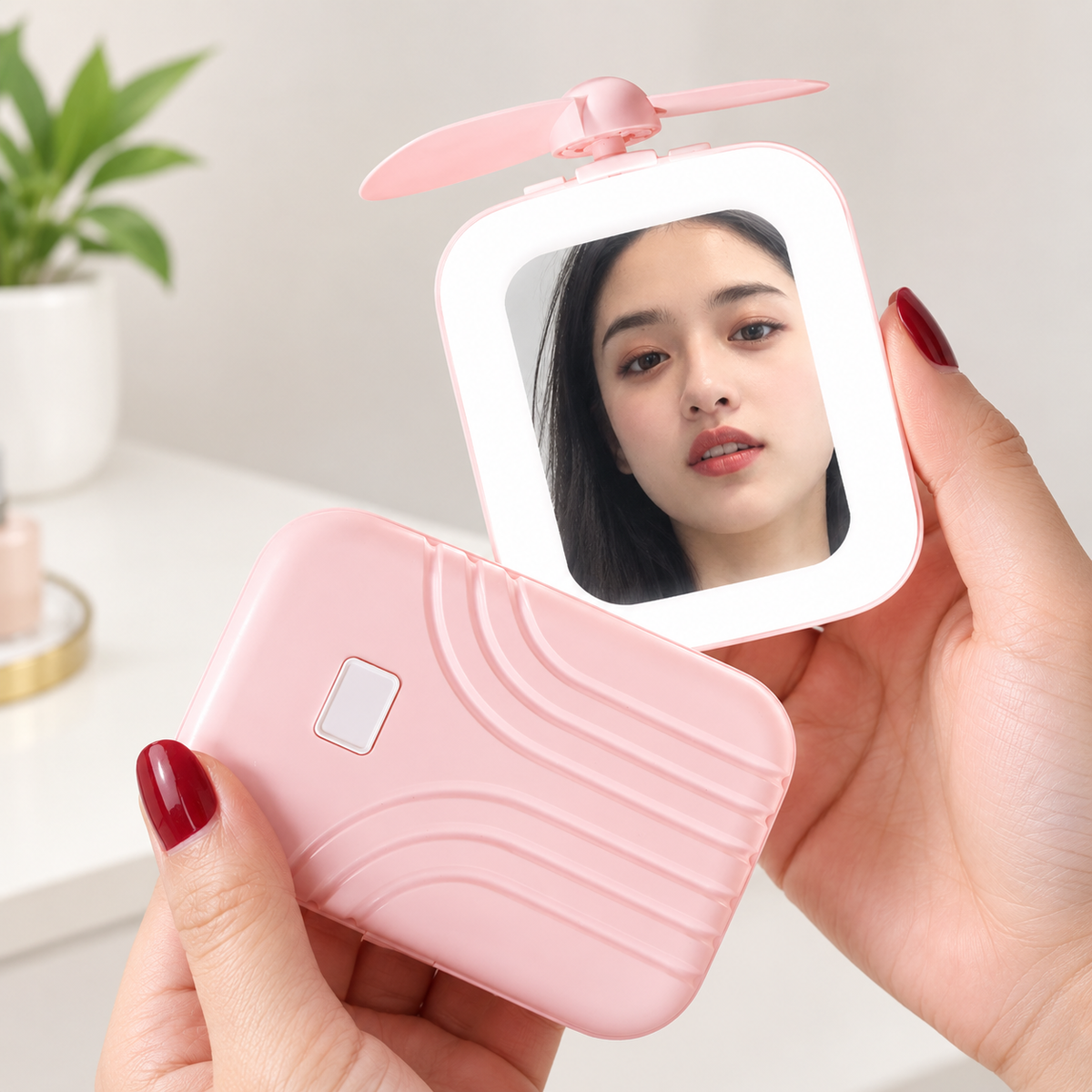 Mini Travel Mirror in Suitcase Design – Cute Portable Folding Makeup Mirror with Propeller Handle for Girls & Women