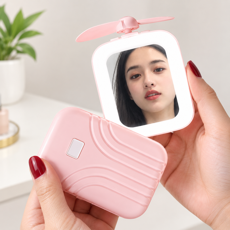Mini Travel Mirror in Suitcase Design – Cute Portable Folding Makeup Mirror with Propeller Handle for Girls & Women