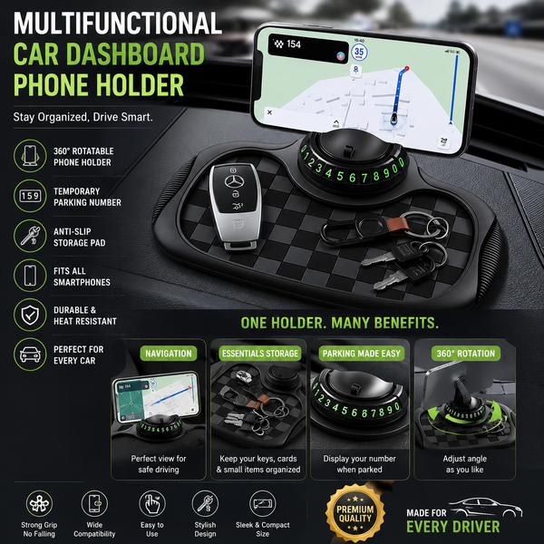 HUPLA 360° Rotating Magnetic Car Phone Holder with Temporary Parking Number | Anti-Slip Dashboard Organizer Mat