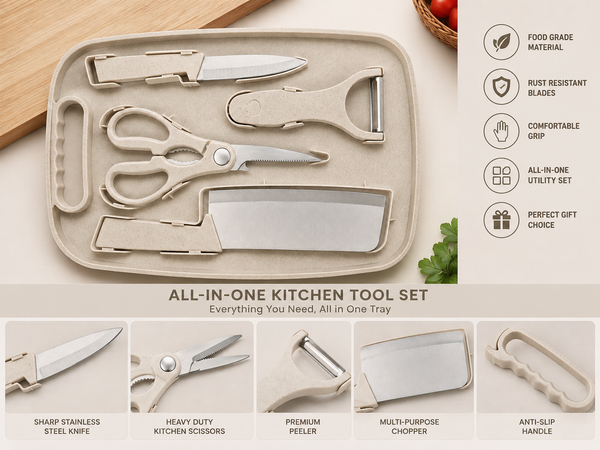 HUPLA 5-in-1 Kitchen Knife & Cutting Board Set with Scissors & Peeler | Multipurpose Cooking Tool Kit with Stainless Steel Knife, Cleaver, Kitchen Scissors, Peeler & Storage Board