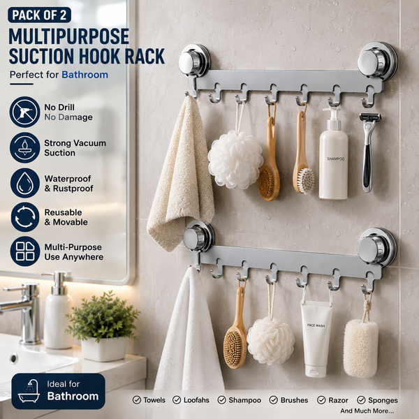 HUPLA Pack of 2 Heavy Duty Suction Hook Rack | 6 Hooks No Drill Wall Hanger| 6 Hooks Wall Mounted Organizer | No Drill Vacuum Suction Hanger for Bathroom, Kitchen, Bedroom & Office | Reusable Waterproof Stainless Steel Finish