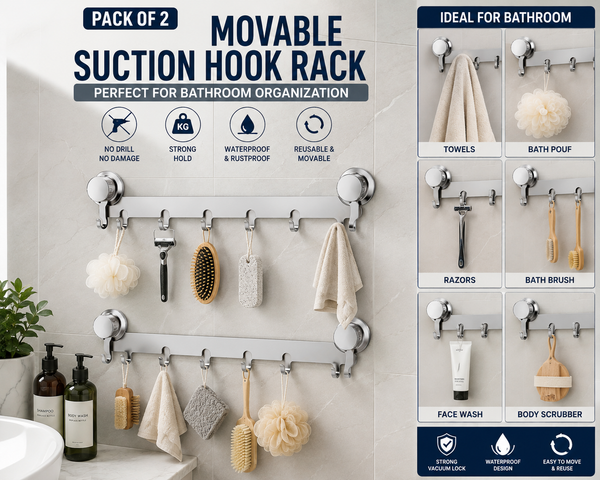 HUPLA Pack of 2 Heavy Duty Suction Hook Rack | 6 Hooks No Drill Wall Hanger| 6 Hooks Wall Mounted Organizer | No Drill Vacuum Suction Hanger for Bathroom, Kitchen, Bedroom & Office | Reusable Waterproof Stainless Steel Finish