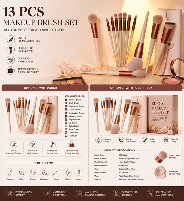 13-Piece Professional Makeup Brush Set – Premium Soft Bristle Cosmetic Brushes with Storage Pouch – Brown