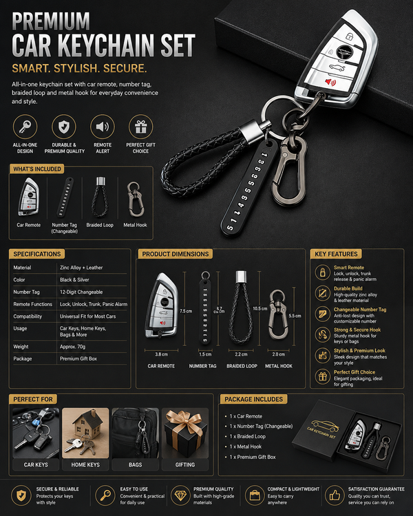 Leather Car Keychain with Phone Number Tag | Premium Metal Key Holder with Carabiner Clip Premium Leather Car Keychain with Phone Number Tag | Metal Car Key Holder