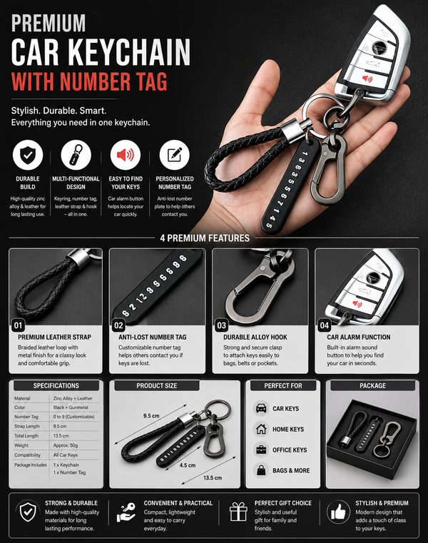 Leather Car Keychain with Phone Number Tag | Premium Metal Key Holder with Carabiner Clip Premium Leather Car Keychain with Phone Number Tag | Metal Car Key Holder