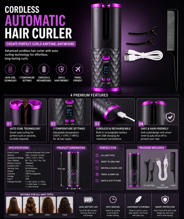 Automatic Hair Curler | LCD Ceramic Auto Curling Iron with Adjustable Temperature Automatic Hair Curler with LCD Display | Ceramic One-Touch Curling Iron