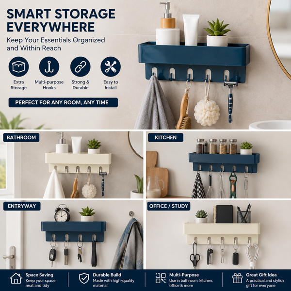 HUPLA Pack of 2 Wall Storage Shelf with 6 Hooks | No Drill Organizer | Self Adhesive Bathroom & Kitchen Organizer Rack | No Drill Wall Shelf for Bathroom, Kitchen & Bedroom (Black + White)