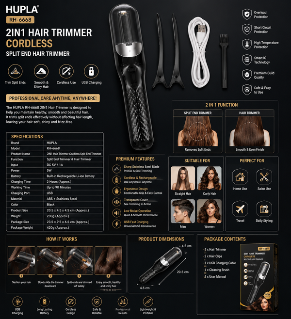 2-in-1 Cordless Split End Hair Trimmer | Rechargeable Hair Trimmer for Removing Split Ends | Portable USB Hair Care Tool for Women