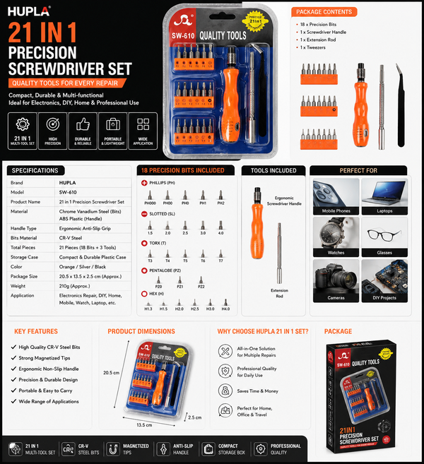 HUPLA 21-in-1 Precision Screwdriver Set | Magnetic Repair Tool Kit with Interchangeable Bits for Mobile, Laptop, Watch, Eyeglasses & Electronics HUPLA 21-in-1 Precision Screwdriver Set | Magnetic Electronics Repair Tool Kit