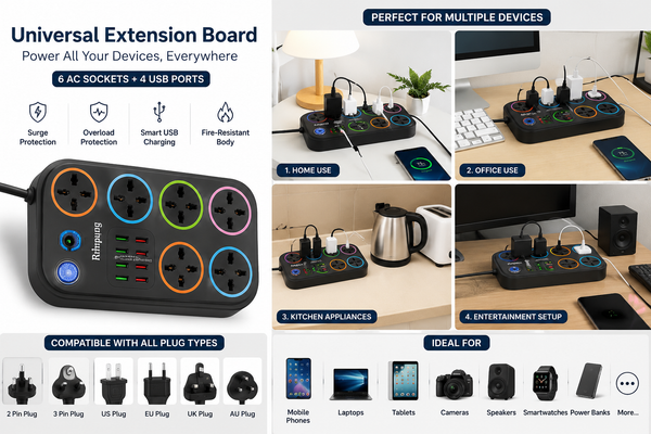 Universal Extension Board with 6 Sockets & 4 USB Ports | Surge Protected Power Strip | Universal Extension Board with 6 Universal Sockets & 4 USB Charging Ports | Surge Protection | Multi Plug Power Strip for Home, Office & Travel