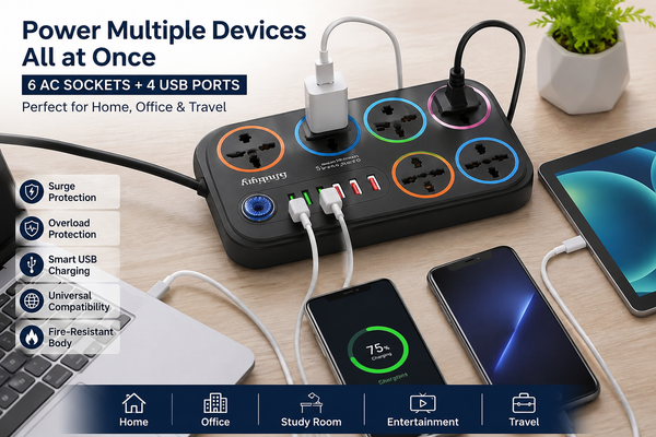Universal Extension Board with 6 Sockets & 4 USB Ports | Surge Protected Power Strip | Universal Extension Board with 6 Universal Sockets & 4 USB Charging Ports | Surge Protection | Multi Plug Power Strip for Home, Office & Travel