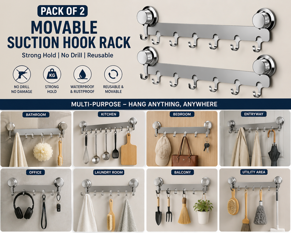 HUPLA Pack of 2 Heavy Duty Suction Hook Rack | 6 Hooks No Drill Wall Hanger| 6 Hooks Wall Mounted Organizer | No Drill Vacuum Suction Hanger for Bathroom, Kitchen, Bedroom & Office | Reusable Waterproof Stainless Steel Finish
