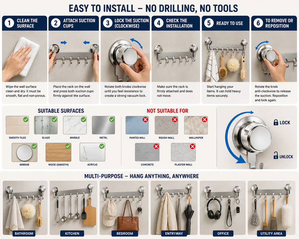 HUPLA Pack of 2 Heavy Duty Suction Hook Rack | 6 Hooks No Drill Wall Hanger| 6 Hooks Wall Mounted Organizer | No Drill Vacuum Suction Hanger for Bathroom, Kitchen, Bedroom & Office | Reusable Waterproof Stainless Steel Finish