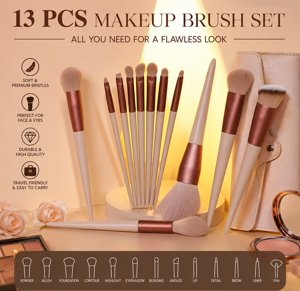 13-Piece Professional Makeup Brush Set – Premium Soft Bristle Cosmetic Brushes with Storage Pouch – Brown