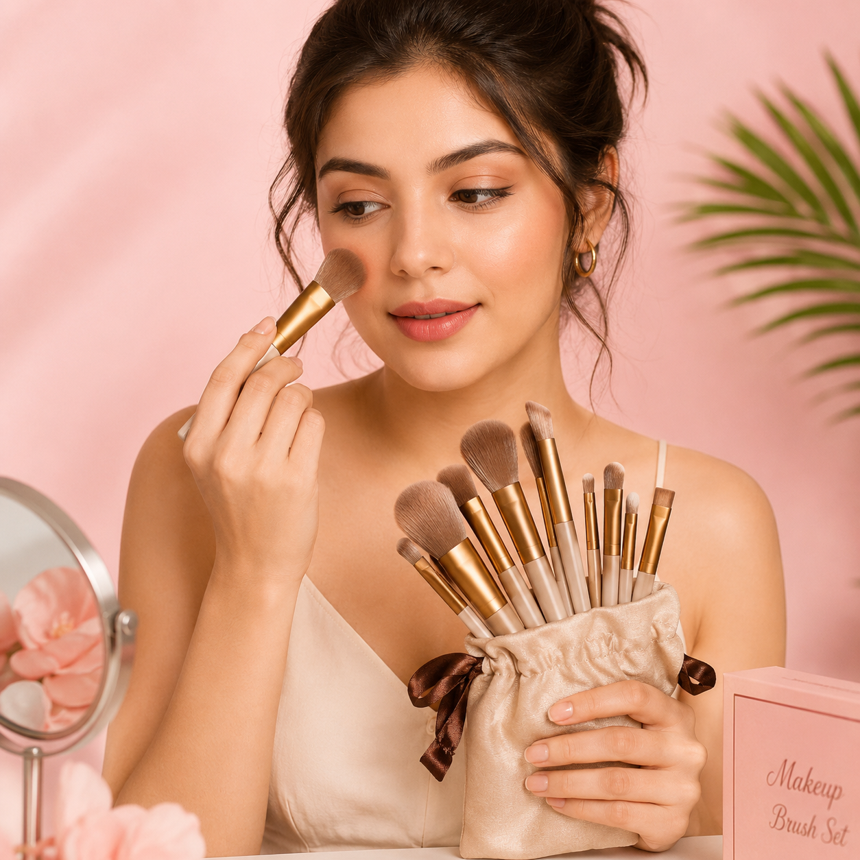 13-Piece Professional Makeup Brush Set – Premium Soft Bristle Cosmetic Brushes with Storage Pouch – Brown