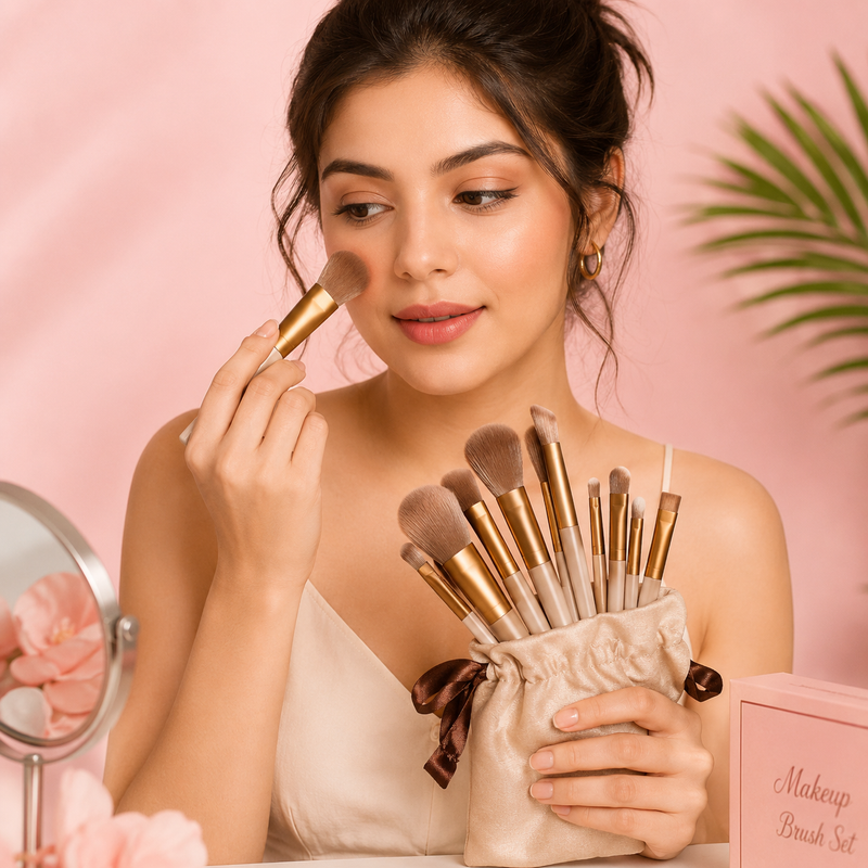 13-Piece Professional Makeup Brush Set – Premium Soft Bristle Cosmetic Brushes with Storage Pouch – Brown