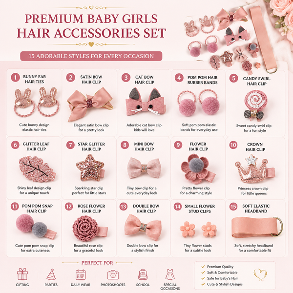 Cute Baby Girls Hair Accessories Set | Premium Hair Clips, Rubber Bands & Headband Combo Kit for Kids