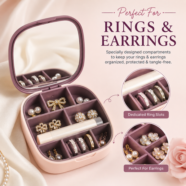 Portable Jewelry Organizer Box with Mirror | Mini Travel Jewellery Storage Case for Rings, Earrings & Accessories