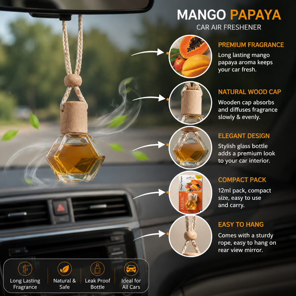 Mango Papaya Car Air Freshener Hanging Perfume | Long Lasting Fruity Fragrance Diffuser for Car, Home & Office – 12ml