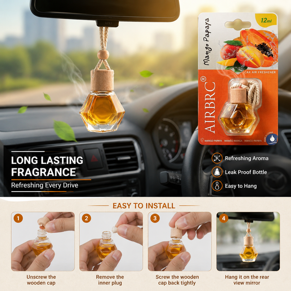 Mango Papaya Car Air Freshener Hanging Perfume | Long Lasting Fruity Fragrance Diffuser for Car, Home & Office – 12ml