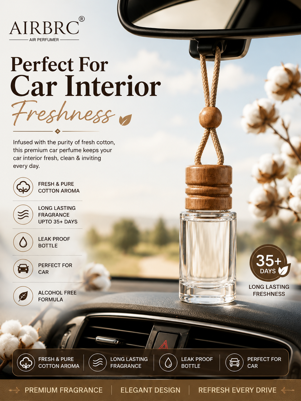 HUPLA Cotton Hanging Car Air Freshener | Premium Long Lasting Car Perfume Bottle | Luxury Cotton Fragrance Diffuser for Car Interior (8ml)