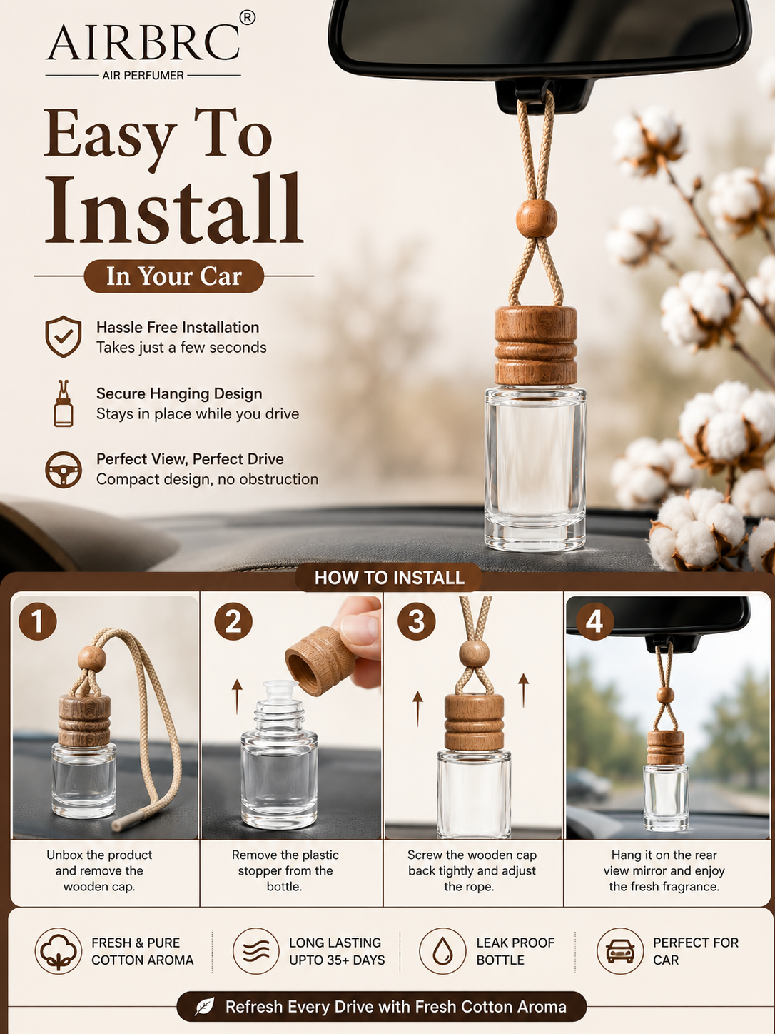 HUPLA Cotton Hanging Car Air Freshener | Premium Long Lasting Car Perfume Bottle | Luxury Cotton Fragrance Diffuser for Car Interior (8ml)