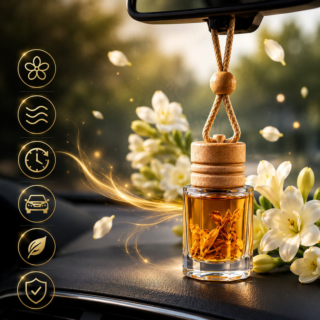HUPLA Tuberose Hanging Car Air Freshener | Premium Long Lasting Car Perfume Bottle | Natural Rajnigandha Floral Aroma Diffuser for Car Interior (8ml)