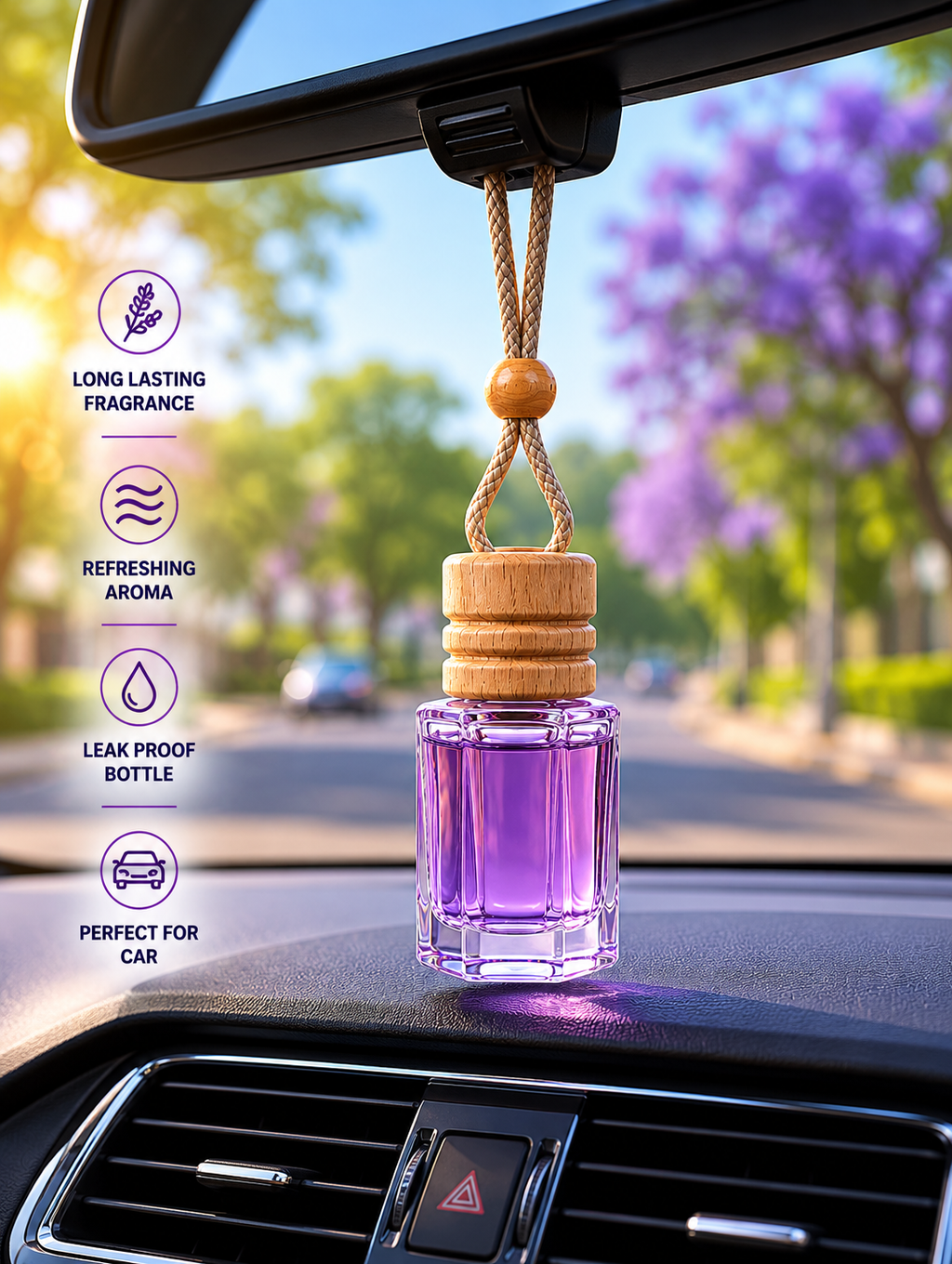 HUPLA Lavender Hanging Car Air Freshener | Long Lasting Car Perfume Bottle | Premium Lavender Aroma Diffuser for Car Interior (8ml)