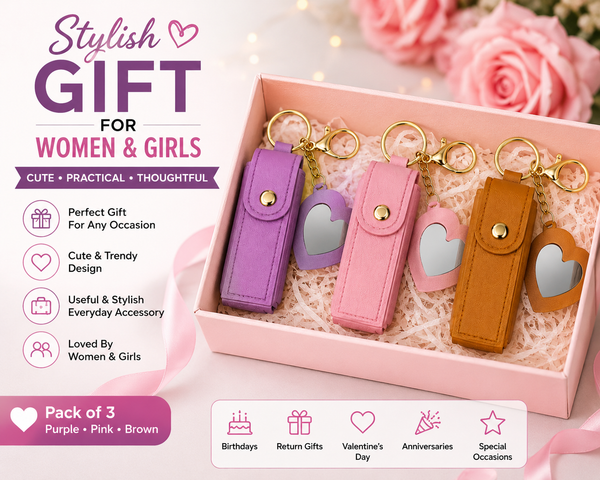(3 pcs) Heart Shape Lip Balm Keychain Set for Women & Girls | Portable Mirror Lipstick Holder Keyring Combo | Cute Travel Cosmetic Accessory Pack of 3