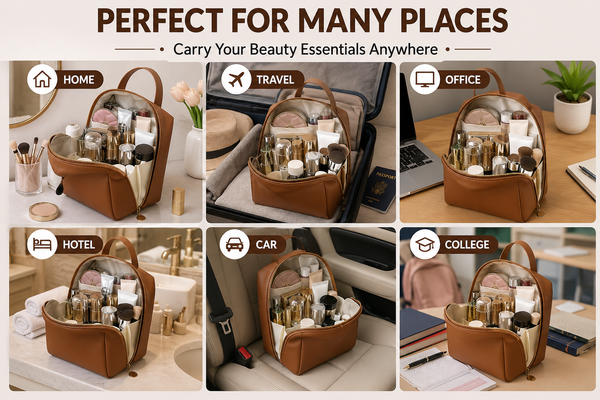 Large Capacity Makeup Organizer Bag | PU Leather Cosmetic Travel Pouch | Portable Cosmetic Storage Travel Pouch with Compartments & Zipper Closure