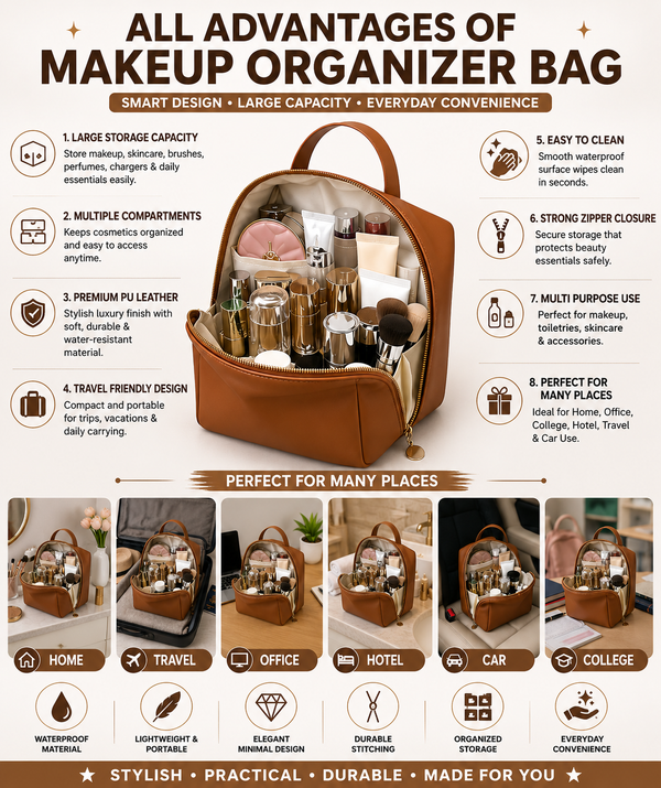 Large Capacity Makeup Organizer Bag | PU Leather Cosmetic Travel Pouch | Portable Cosmetic Storage Travel Pouch with Compartments & Zipper Closure