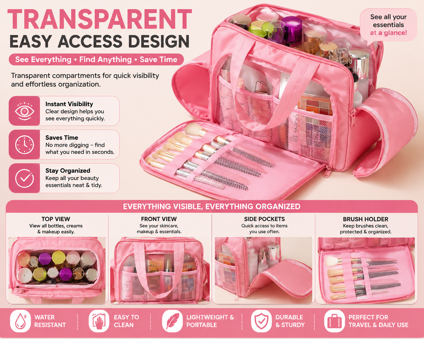 Transparent Travel Makeup Organizer Bag for Women | Large Capacity Cosmetic Storage Handbag with Brush Holder & Multi Compartments