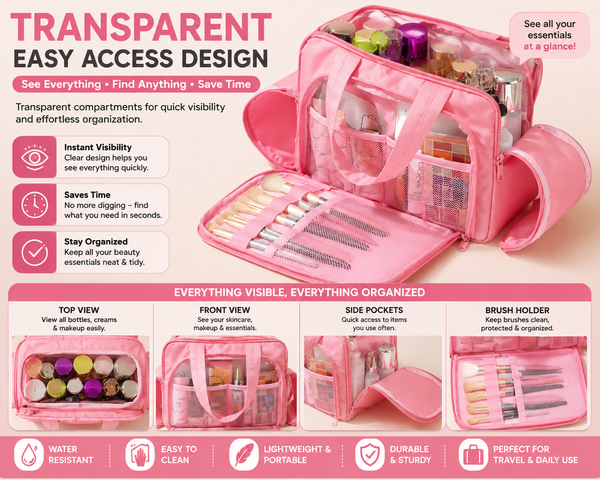 Transparent Travel Makeup Organizer Bag for Women | Large Capacity Cosmetic Storage Handbag with Brush Holder & Multi Compartments