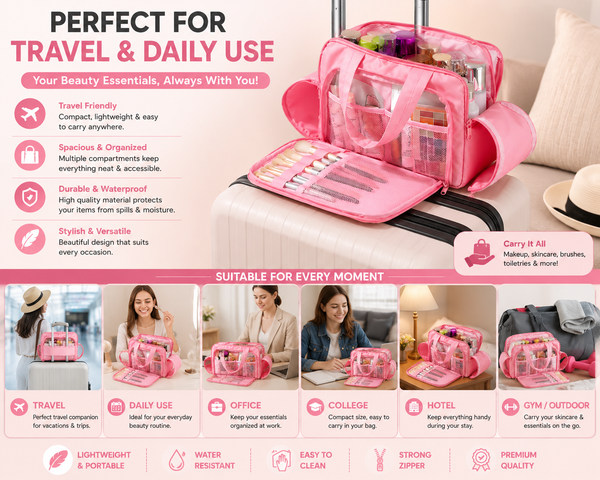 Transparent Travel Makeup Organizer Bag for Women | Large Capacity Cosmetic Storage Handbag with Brush Holder & Multi Compartments