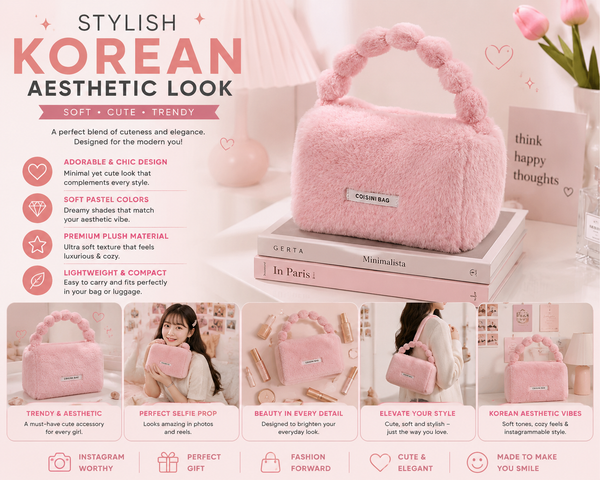 Cute Plush Makeup Pouch for Women & Girls | Soft Fur Cosmetic Storage Handbag with Handle | Portable Beauty Organizer Bag