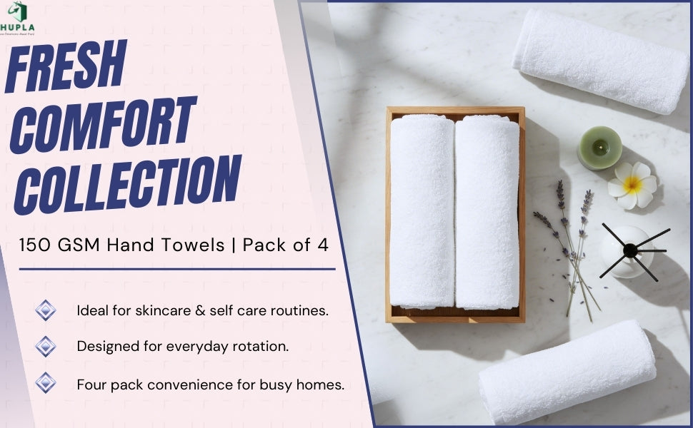 HUPLA Premium Bath Towel Pack of 4 | 100% Cotton | 730 GSM | Ultra Soft & Highly Absorbent | Hotel Quality White Towels (75 x 150 cm) HUPLA 730 GSM Bath Towel Pack of 4 | 100% Cotton White Towels