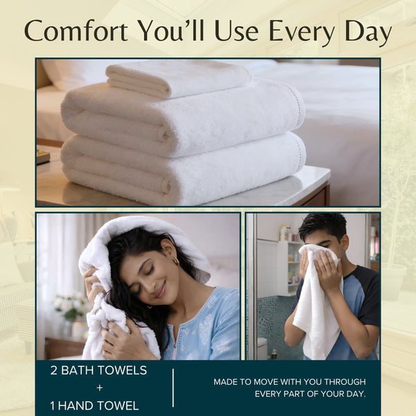 HUPLA Premium Cotton Towel Set (3 Pieces) – 2 Bath Towels (75 × 150 cm) + 1 Hand Towel (41 × 63 cm) | Ultra Soft, Super Absorbent, Hotel Quality | White HUPLA Premium Cotton Towel Set | 2 Bath Towels + 1 Hand Towel | Ultra Soft White Towels