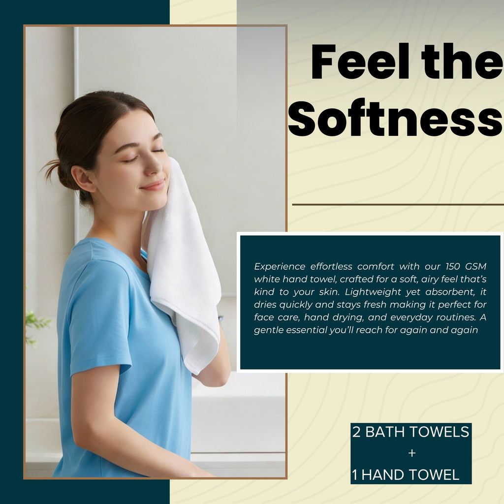 HUPLA Premium Cotton Towel Set (3 Pieces) – 2 Bath Towels (75 × 150 cm) + 1 Hand Towel (41 × 63 cm) | Ultra Soft, Super Absorbent, Hotel Quality | White HUPLA Premium Cotton Towel Set | 2 Bath Towels + 1 Hand Towel | Ultra Soft White Towels