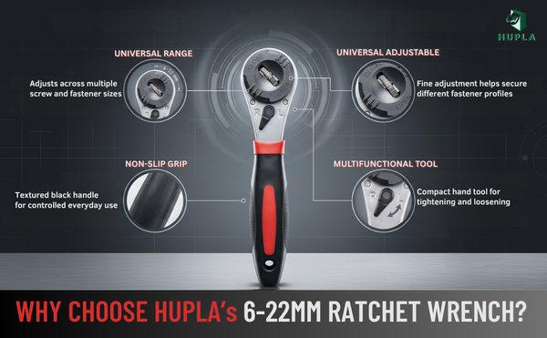 HUPLA 6-22mm Universal Ratchet Wrench | Self-Adjusting Multi-Size Socket Spanner | Reversible Quick Release Hand Tool for Home, Garage & Automotive Repair