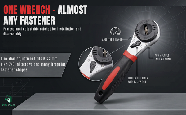 HUPLA 6-22mm Universal Ratchet Wrench | Self-Adjusting Multi-Size Socket Spanner | Reversible Quick Release Hand Tool for Home, Garage & Automotive Repair