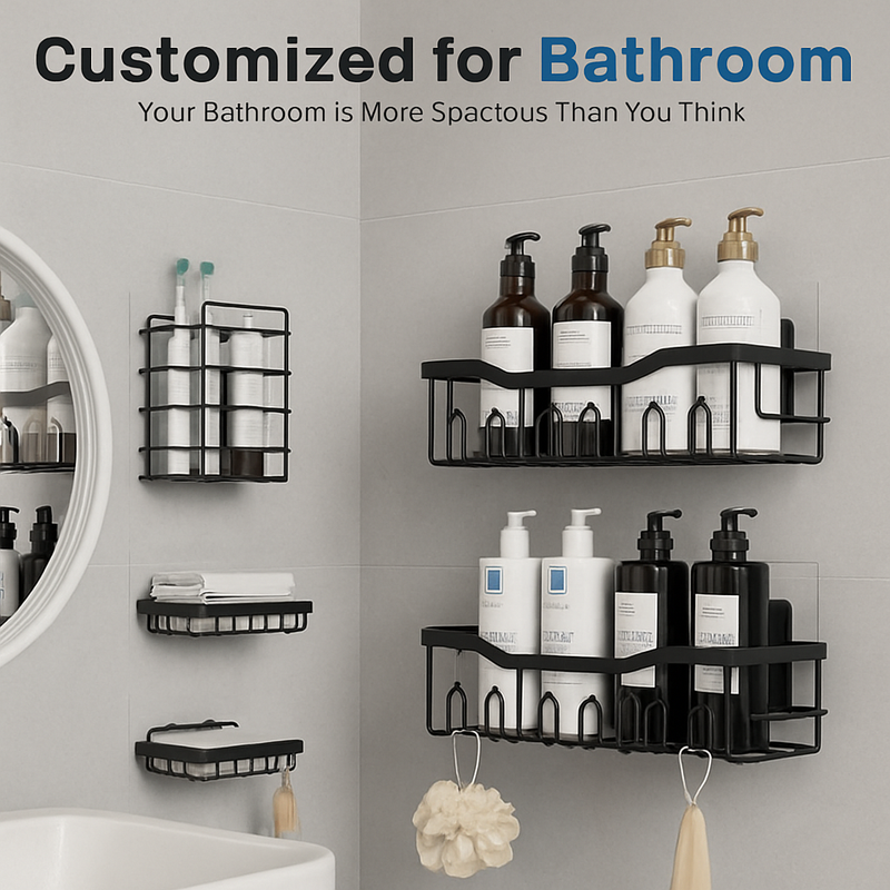 5-Piece Wall Mounted Bathroom & Kitchen Storage Rack Set | Adhesive Organizer Shelves