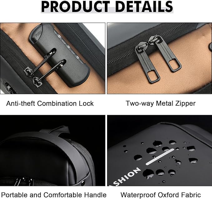 Multi-Angle View of Anti-Theft USB Sling Bag with Adjustable Strap