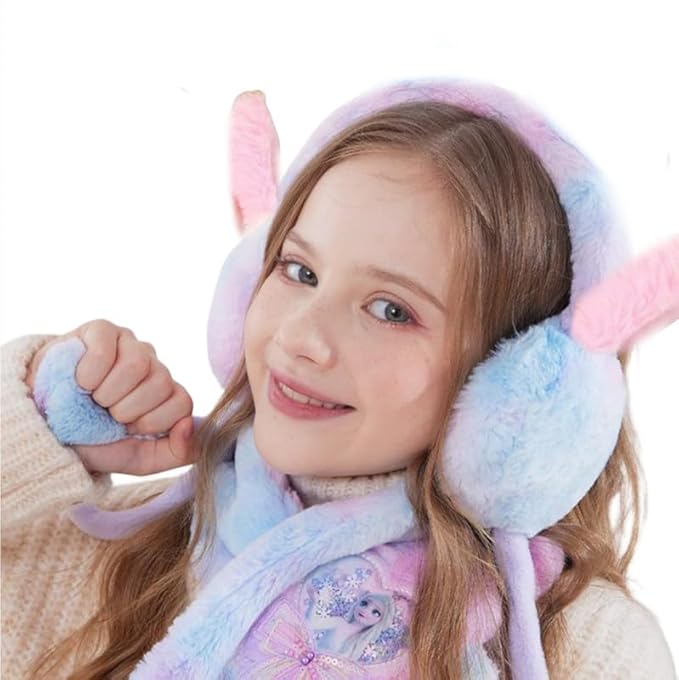 Girl showing cute blue and pink bunny ear earmuff with ear motion