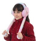 Smiling girl wearing pink bunny ear moving earmuffs with jumping ears