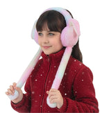 Smiling girl wearing pink bunny ear moving earmuffs with jumping ears