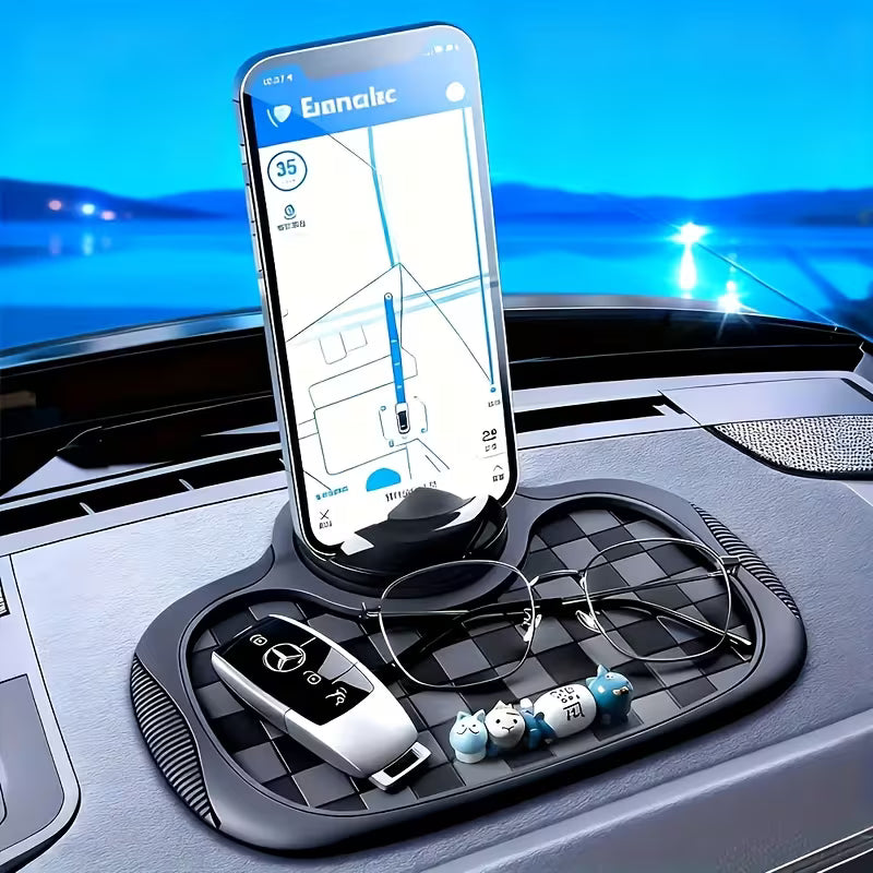 HUPLA 360° Rotating Magnetic Car Phone Holder with Temporary Parking Number | Anti-Slip Dashboard Organizer Mat